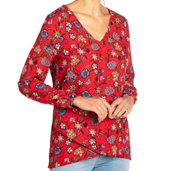Chelsea & Theodore Crossover Woven Top Long Sleeve Red Floral V Neck Size M NWT - Picture 1 of 6